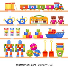 Kids toys on shelves in shop. Store showcase with bears, balls, train, blocks and rattles for babies. Cute toys for child game in nursery room. Robots, drum, piano, watering cans, shovels and buckets