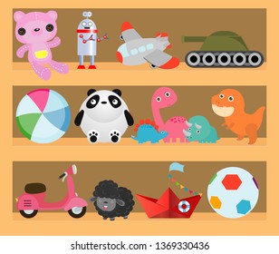 Kids toys on wood shop shelves, Cartoon toy on baby shopping wooden shelf. Dinosaur, robot, ca,r doll, boat isolated vector illustration