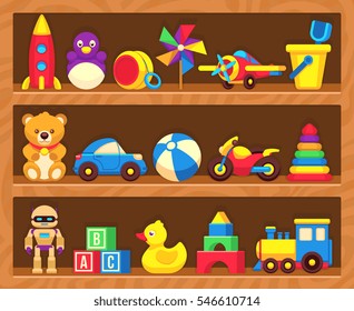 Kids Toys On Wood Shop Shelves.