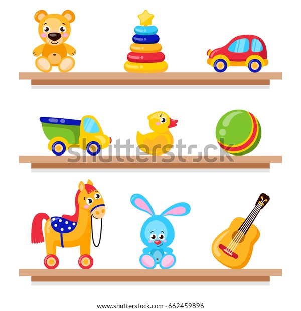 Kids toys on wood shop\
shelves. Including horse, teddy bear, ball, cubes toys . Vector\
illustration preschool activity children toys set isolated on white\
background