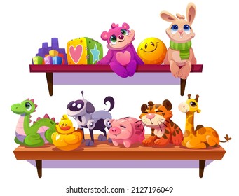 Kids toys on wooden shelf, funny plush tiger, bear, bunny, dinosaur and giraffe, piggy bank, smiling ball and robot dog. Constructor blocks, rubber duck and cubes for child playing, Cartoon vector set