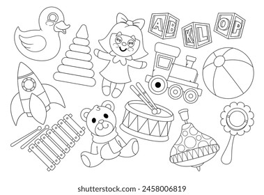 Kids Toys Outline Vector Icons Set. Rubber Duck, Pyramid, Doll or Train. Cubes, Rocket, Teddy Bear and Xylophone, Drum