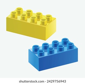 Kids toys. Plastic blocks blue and yellow on white background. Vector 3d illustration