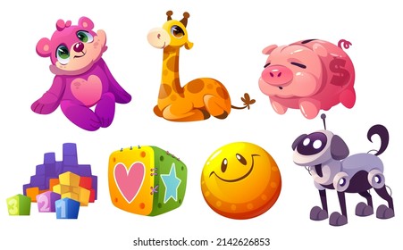 Kids Toys, Plush Animals, Ball, Blocks, Piggy Bank And Dog Robot. Vector Cartoon Set Of Cute Soft Bear And Giraffe, Pig Money Box, Mechanical Puppy And Cubes For Baby Play