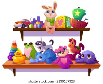 Kids toys, plush animals, car and wooden ship on shelves in child room, kindergarten or shop. Vector cartoon illustration of cute baby toys, soft bear, rabbit, blocks, pyramid, dog robot and duck