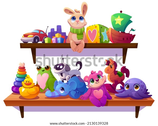 Kids toys, plush animals, car and wooden ship on\
shelves in child room, kindergarten or shop. Vector cartoon\
illustration of cute baby toys, soft bear, rabbit, blocks, pyramid,\
dog robot and duck