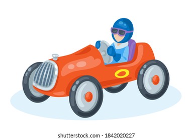 Kids toys. Red racing retro car. In  cartoon style. Isolated on white background. Vector flat illustration.