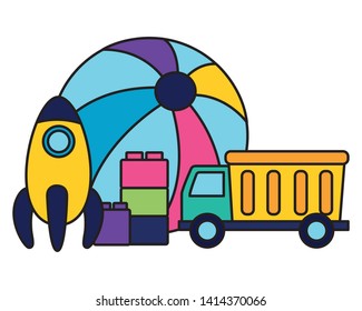 kids toys rubber ball rocket truck and blocks vector illustration