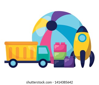 kids toys rubber ball rocket truck and blocks vector illustration