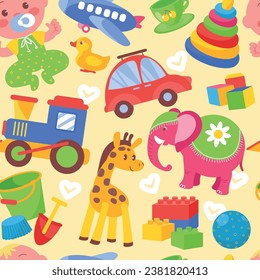 Kids toys seamless pattern. Baby playing elements. Colorful dolls. Plush animals. Balls and cars. Train and plane. Bucket with shovel. Children game objects. Splendid