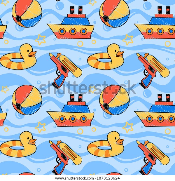 Kids Toys\
Seamless Pattern with Beach Ball, Ship Toy, Buoy Duck, and Water\
Gun. You can use this design to create poster, tshirt, pillow, tote\
bag, pouch, phone case,\
etc.