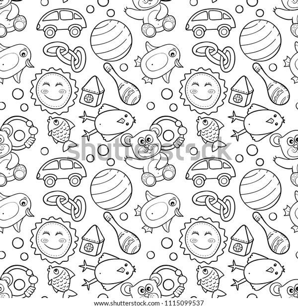 Kids toys - seamless pattern, cartoon style.
Playing elements for
children