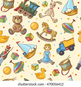 Kids toys seamless pattern with isolated colored different toys icon set on light yellow background vector illustration