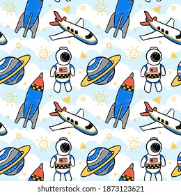 Kids Toys Seamless Pattern with Rocket, Plane Toy, Planet, and Astronaut. You can use this design to create poster, tshirt, pillow, tote bag, pouch, phone case, etc.