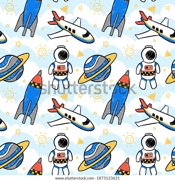 Kids Toys Seamless Pattern with Rocket, Plane Toy, Planet, and Astronaut. You can use this design to create poster, tshirt, pillow, tote bag, pouch, phone case, etc.