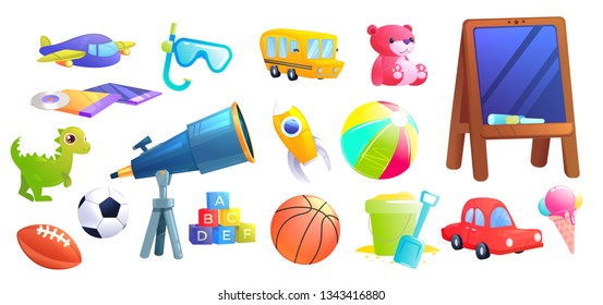 Kids Toys set. A car, bus, airplane, dinosaur,cubes with alphabet letters, sports ball for children game. Vector cartoon illustration 
