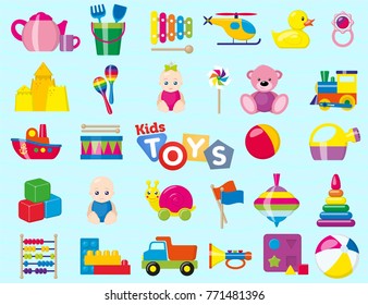 Kids toys. A set of children's toys for the youngest. Vector illustration.