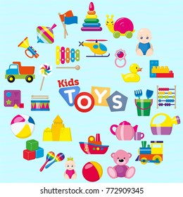 Kids toys. A set of children's toys for the youngest. Vector illustration.