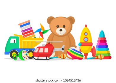 Kids toys set. Collection for a child to play with, doll, model car, teddy bear, toys for fun and amusement. Vector flat style cartoon illustration isolated on white background