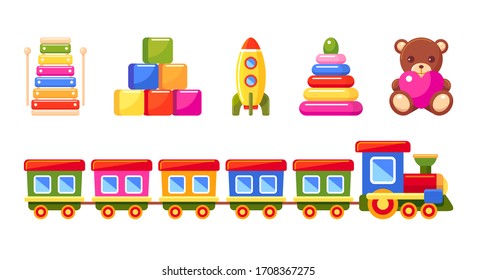 Kid's toys set. Collection for small children. Train, pyramid, rocket, xylophone, toy blocks and bear