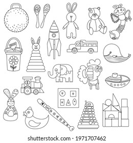 Kids toys set doodle. Collection of toys for small children. Activity and fun games. Vector hand drawing illustration isolated on white background.