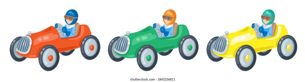 Kids toys. Set of three racing retro cars in different colors. In cartoon style. Isolated on white background. Vector flat illustration.