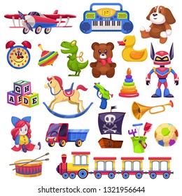 Kids Toys Set. Toy Kid Child Preschool House Baby Game Ball Train Yacht Horse Doll Duck Boat Plane Bear Car Pyramid Flat Vector Collection