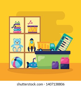 kids toys shelf bucket bear rocket drum submarine truck blocks vector illustration