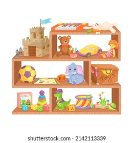 Kids Toys Shelves. Wooden Toy Shelf Store, Kid Shop Plastic Doll Plush Bear Child Ball Dinosaur Stuff Animals, Set Exact Vector Cartoon Isolated Object. Shelf With Toys For Play Illustration