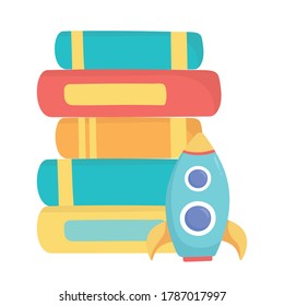 kids toys stack of books and rocket isolated icon design white background vector illustration