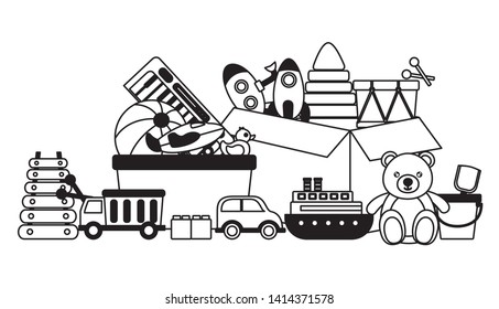kids toys storage box rocket drum ball bear bucket car truck xylophone vector illustration