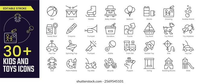 Kids and Toys Stroke icon collections. Containing Teddy bears, crayons, kites, puzzles, building blocks, friends, spinning tops, drawings, and dolls icons. Editable Stroke icon collection Outline icon