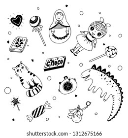 Kid's toys and sweets. Black and white illustration for coloring book. Vector outline illustration