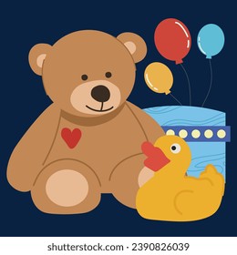 kids toys teddy bear balloon ducks in flat illustration