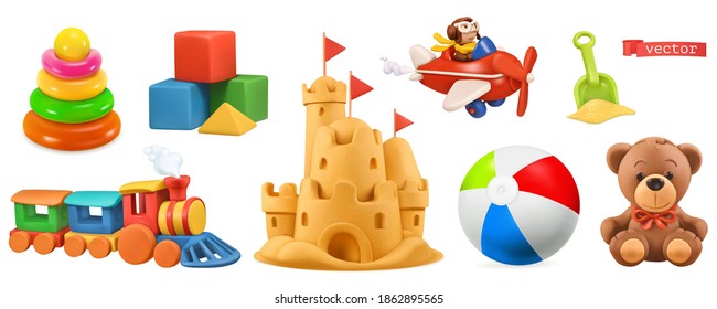 Kids toys. Train, plane, castle, ball, cubes, bear. 3d vector icon set - Shutterstock ID 1862895565