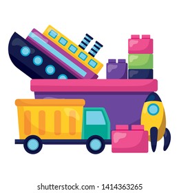kids toys truck boat rocket blocks bucket vector illustration