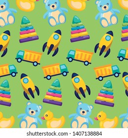 kids toys truck rocket pyramid bear duck background vector illustration