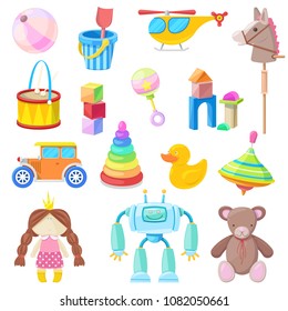 Kids toys vector icons set. Color toy for baby boy and girl, cartoon illustration.