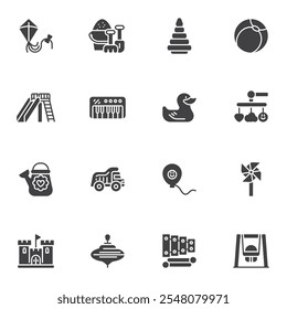 Kids toys vector icons set, modern solid symbol collection, filled style pictogram pack. Signs, logo illustration. Set includes icons as castle, piano, kite, pyramid, truck, sand bucket, baby swing