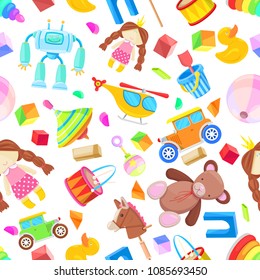 Kids toys vector seamless pattern. Color toy for baby boy and girl, cartoon illustration. Cute white background childish print.