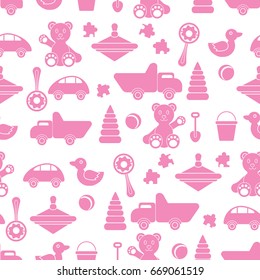 Kids toys - vector seamless pattern. Games for girls. Endless pink wallpaper or wrapping paper