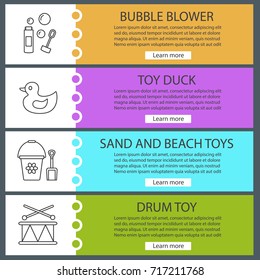 Kids toys web banner templates set. Bubble blower, rubber duck, toy bucket and shovel, drum. Website color menu items with linear icons. Vector headers design concepts