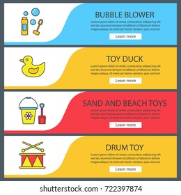 Kids toys web banner templates set. Bubble blower, rubber duck, shovel and bucket, drum. Website color menu items. Vector headers design concepts