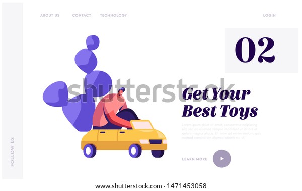 Kids Toys Website Landing Page. Man Driving\
Little Kids Car for Fun Adult Playing Child Game Spending Time\
Fooling on Playground, Recreation Leisure Web Page Banner. Cartoon\
Flat Vector Illustration