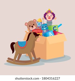 kids toys, wooden horse and toys in box carton vector illustration design