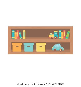 kids toys wooden shelf with book car train and boxes isolated icon design white background vector illustration