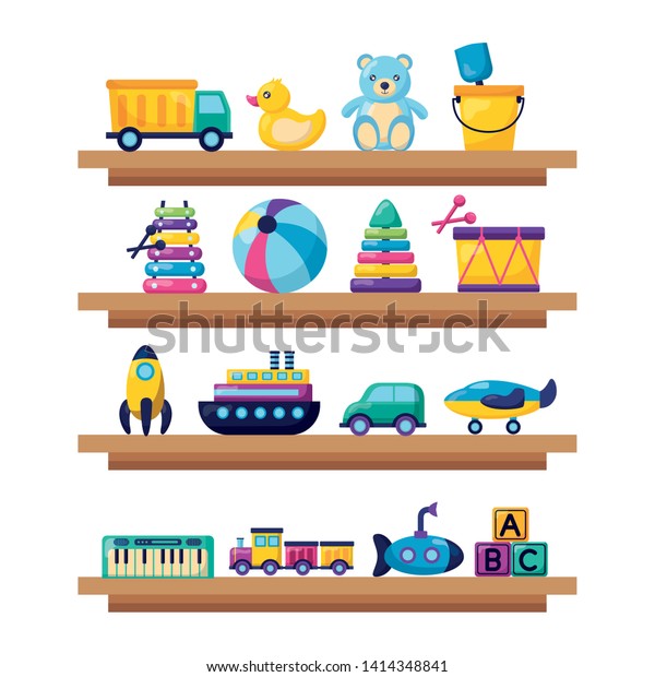 kids toys wooden shelf truck duck\
bear ball drum car plane train cubes vector\
illustration