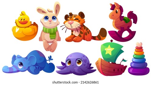 Kids toys, wooden ship, plush animals, plastic duck and pyramid. Vector cartoon set of cute soft tiger, elephant, octopus, rabbit, wood horse and boat for baby play