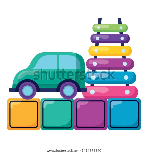 kids\
toys xylophone car and cubes vector\
illustration