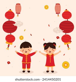 Kids in Traditional Chinese Costume Celebrating Chinese New Year with Lanterns and Coins